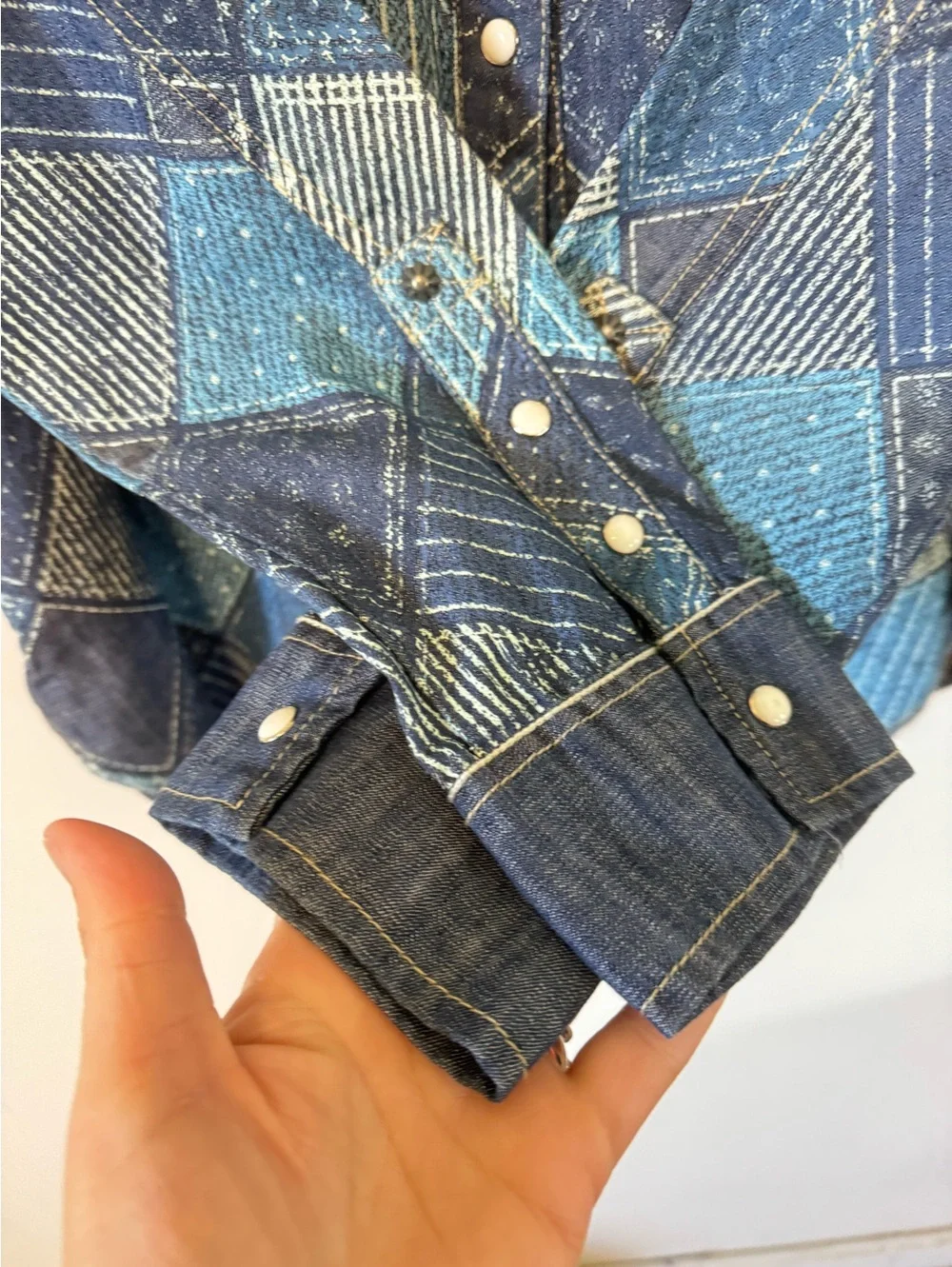 Double D Ranch Scrapbag Workshirt Patchwork Denim Shirt Pearl Snap Womens Large - Picture 6 of 10